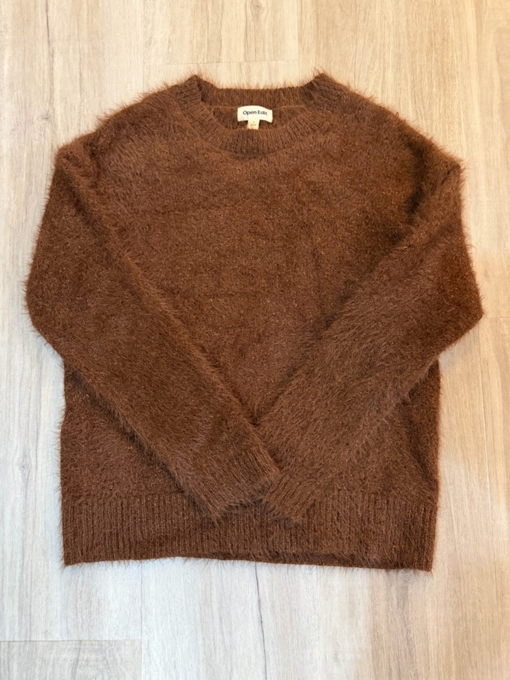 Open Edit Soft Brown Fuzzy Crewneck Sweater